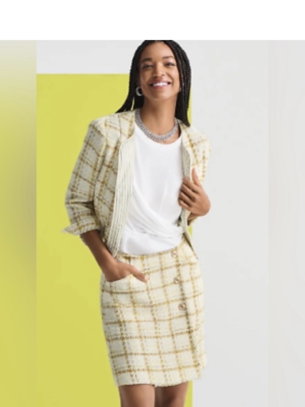 CAbi Coco Plaid Tweed Mini Skirt Size 4 Yellow Cream #6362